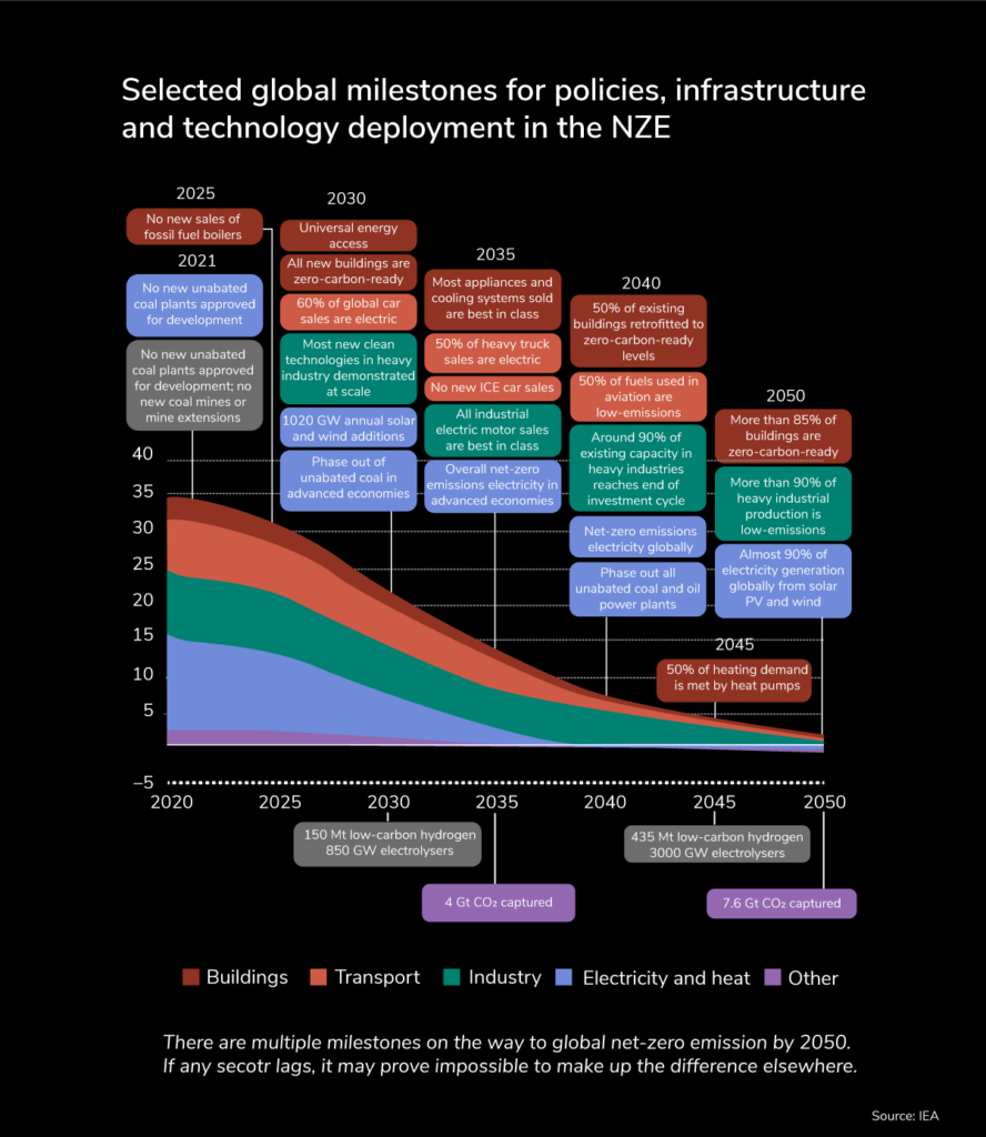 Selected global milestones for policies, infrastructure and technology deployment in the NZE   